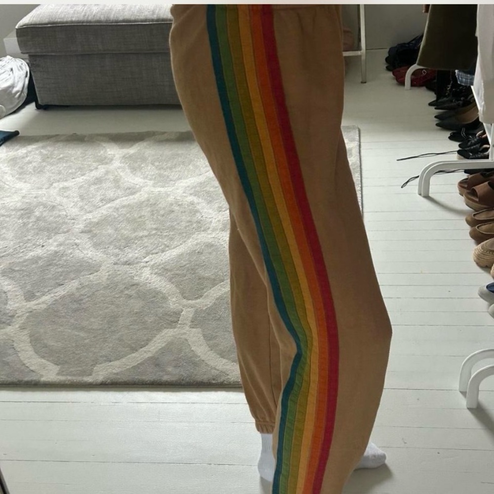Aviator Nation Tan Sweatpants with Rainbow stripes